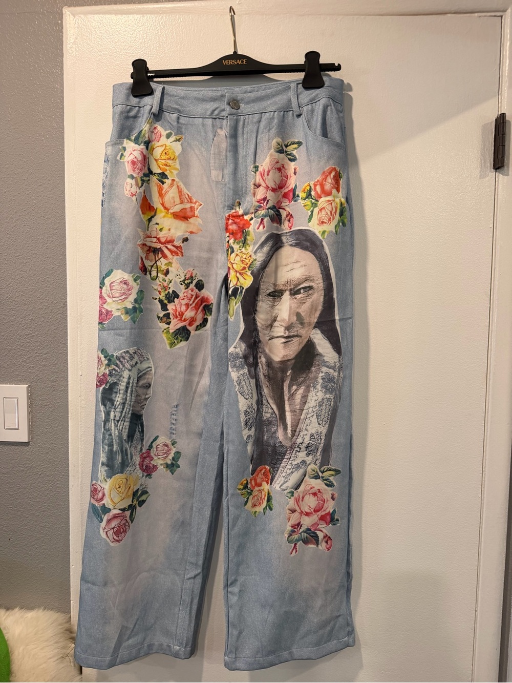 Light Blue Floral Wide Leg Jeans with Portrait Print